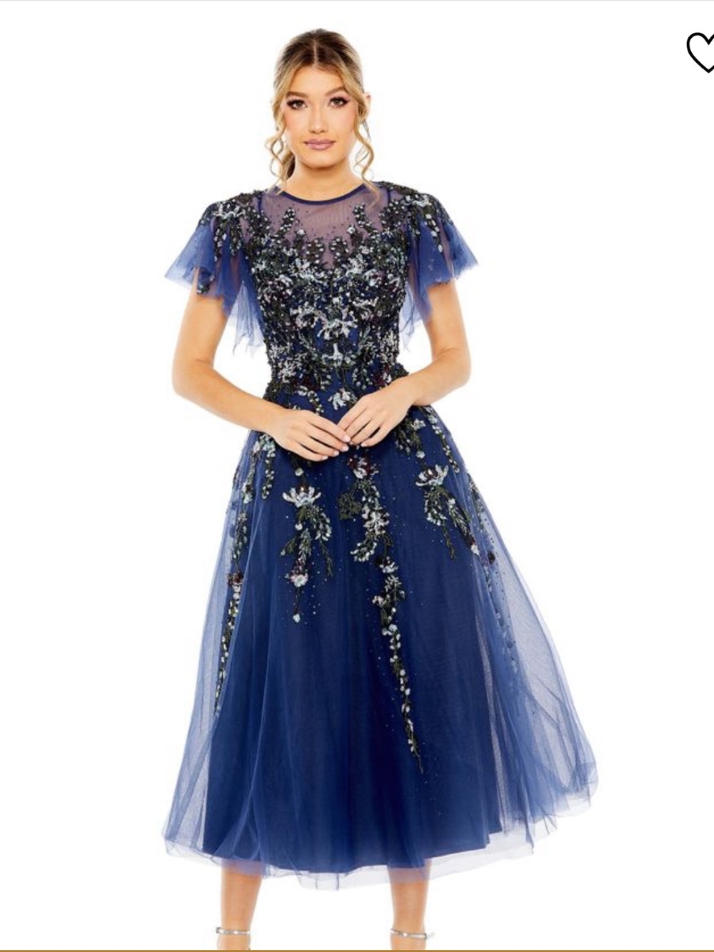 Mac Duggal Navy Blue Flutter Sleeve Sequins A-Line Midi Dress Blue Multi